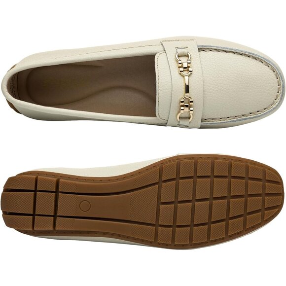 Kordal Women's Beige Leather Gold Accent Buckle Slip-Ons Walking Flats Loafers - Picture 8 of 9